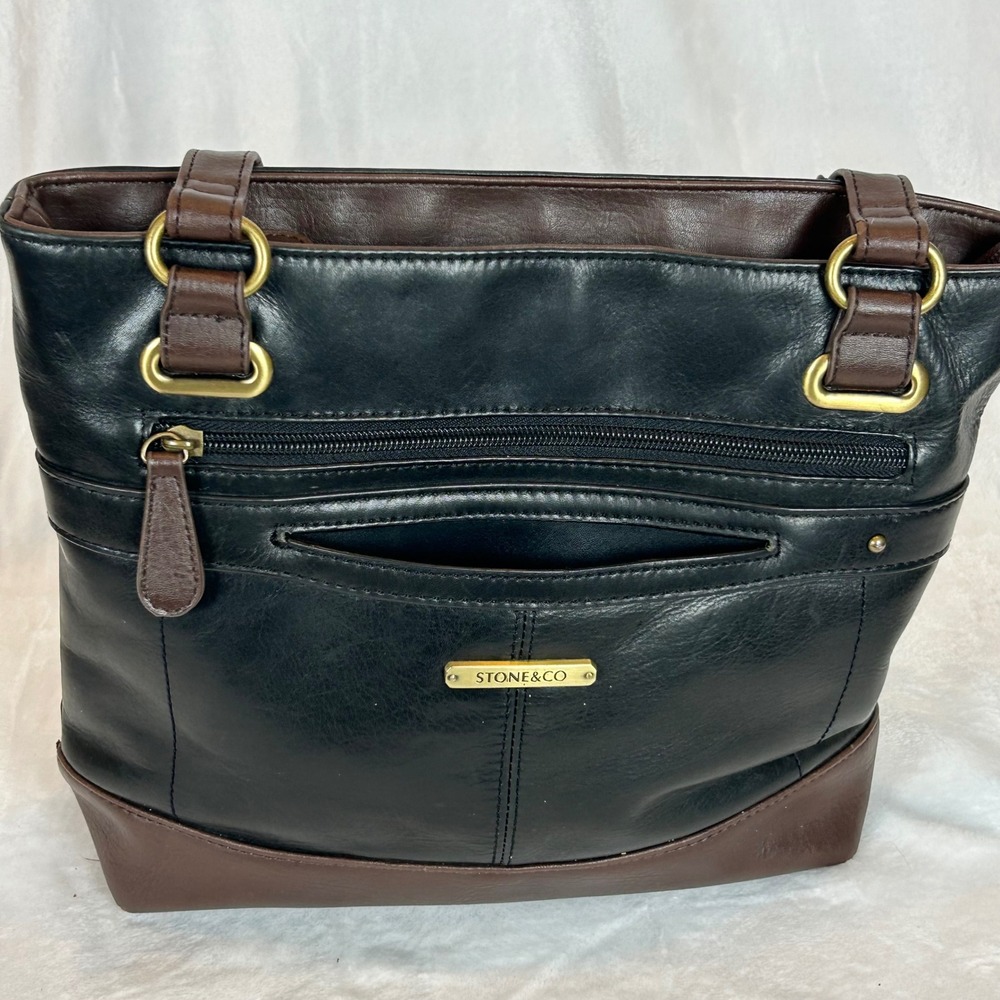 Stone & Co Womens Black Brown Leather Multi Pocket Shoulder Tote Bag Brass Tone